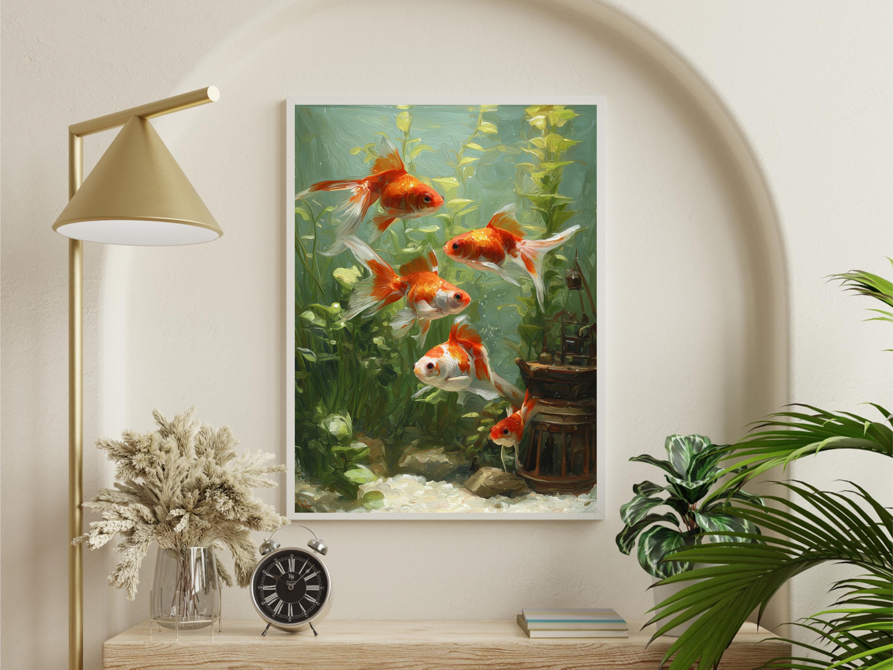 Vintage Goldfish in Aquarium Painting: Calming Wall Decor (digital