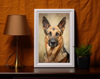 ヴィンテージのジャーマンシェパードの油絵：農家の犬アート（デジタル