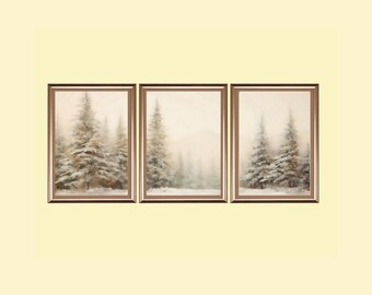 Winter Pine Forest Print Set: Neutral Snowy Landscape Art (Digital Download)