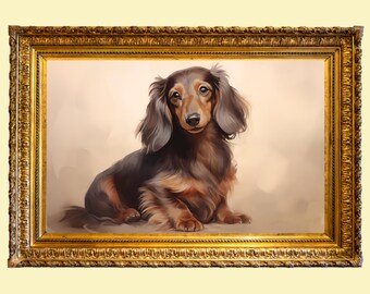 ヴィンテージ ロングヘア ダックスフント アートプリント：犬好きへの