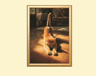 Gato pelirrojo estirándose: Arte mural imprimible de animales (descarga digital)