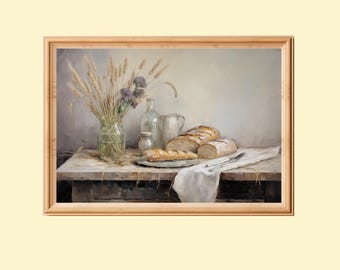 May include: A framed still life painting shows a rustic table setting. A loaf of bread, a baguette, and a knife rest on a white cloth. A glass jar with wheat and purple flowers, and glass bottles complete the scene.