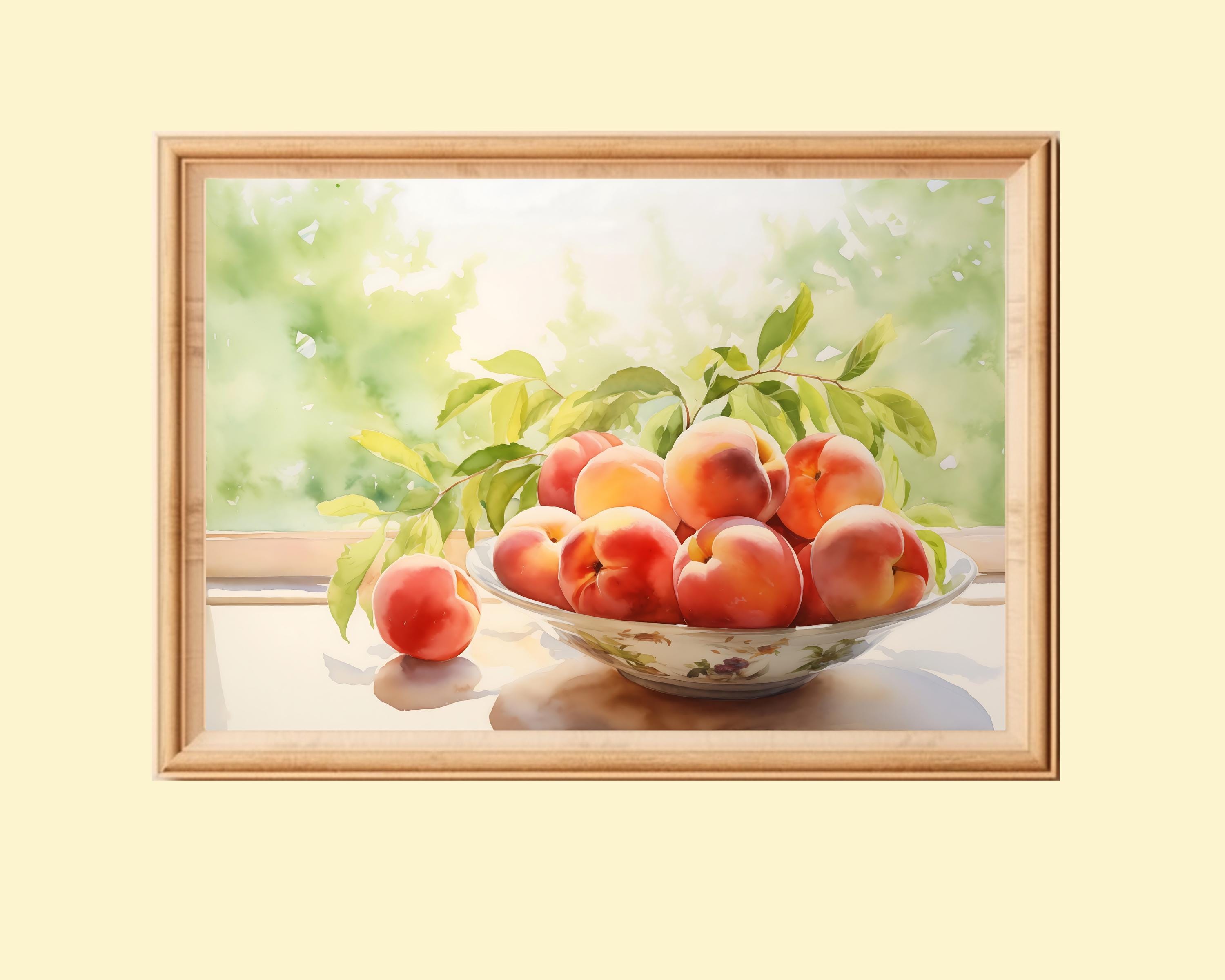 水彩画「桃」プリント：コテージコアキッチンの静物画（デジタル