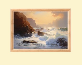 Puede incluir: Pintura enmarcada de un paisaje costero dramático. Las olas chocan contra acantilados rocosos bajo un cielo dorado al atardecer. La obra de arte presenta una paleta de azules, marrones y blancos, creando un paisaje marino dinámico y sereno.