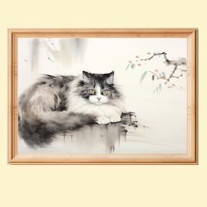 Cuadro de pintura con tinta de gato adorable, obra de arte de gato para pared, regalo imprimible para amantes de los gatos, decoración de pared con arte de tinta Sumi