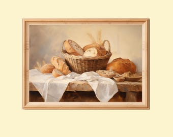 Bread Still Life Painting: Rustic Farmhouse Kitchen Art (Digital Download)