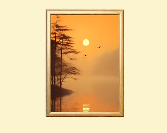 Misty Lake Sunset Landscape Art Print: Cottagecore Scenery (Digital Download)