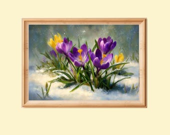 Blooming Purple And Yellow Crocus Flowers In Snow Painting: Winter Flower Wall Art (Digital Download)