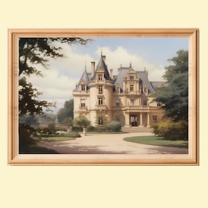 Vintage French Chateau Painting, French Castle Print, European Architecture Printable Wall Art, French Countryside, Instant Digital Download