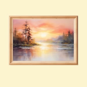 River at Sunrise Printable Landscape Painting, Tranquil River Scene, Outdoor Scenery Wall Art, Nature Wall Decor for Home, Digital Download