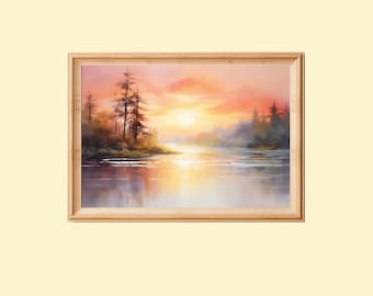 River at Sunrise Landscape Painting: Tranquil Nature Wall Art (Digital Download)