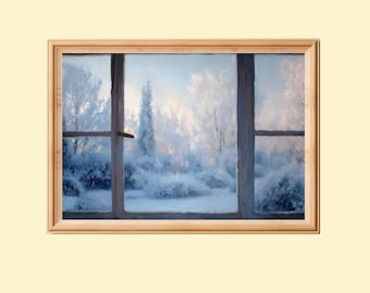 May include: A framed painting depicts a winter landscape viewed through a window. The artwork showcases snow-covered trees and bushes in shades of white and blue. The window frame is a light brown color.
