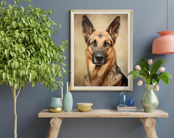 ヴィンテージのジャーマンシェパードの油絵：農家の犬アート（デジタル