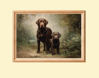 Vintage Labrador Retriever Ölgemälde: Mutterhund mit Welpe (Digitaler Download)