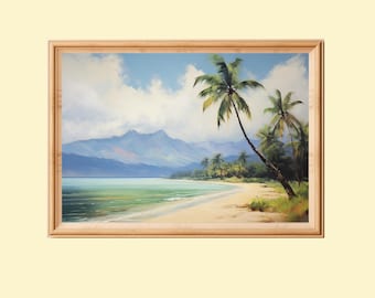 Vintage Beach Palm Tree Painting: Tropical Coastal Wall Art (Digital Download)