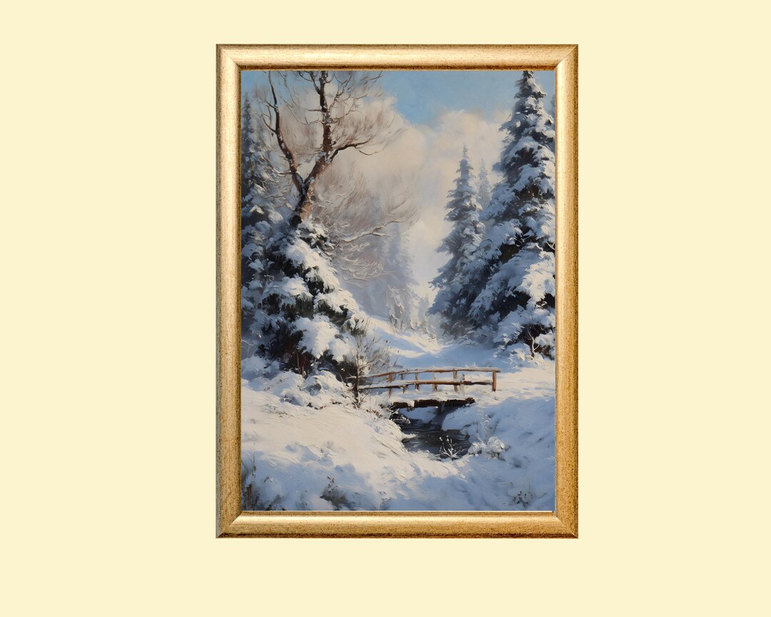 Snowy Forest Landscape Artwork: Bridge Over the Brook Wall Art (digital ...