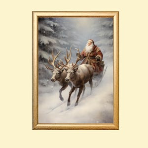Christmas Printable Wall Art, Santa Claus Print, Reindeer Painting, Santa&#39;s Sleigh Holiday Wall Art,  Christmas Decor, Digital Download