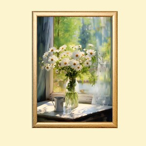 Printable Bouquet Of Daisies Still Life Painting, Vintage Cottagecore Home Decor Printable Art, Rustic Floral Print, Instant Download