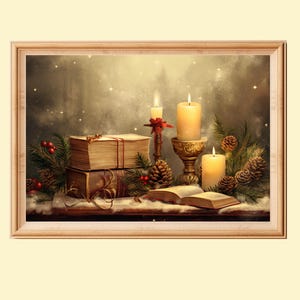 Winter Still Life Painting Printable Wall Art, Vintage Christmas Still Life, Rustic Christmas Home Decor, Moody Seasonal Wall Art