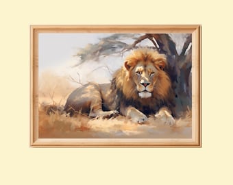 Lion in Savannah Painting: Wildlife Art Print (Digital Download)