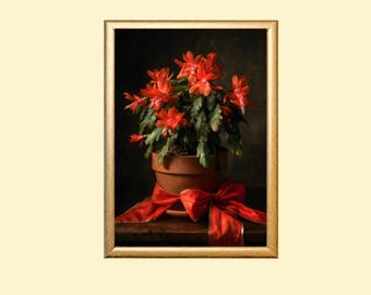 Red Christmas Cactus Painting: Festive Dark Botanical Art (Digital Download)
