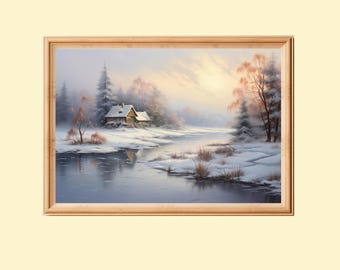 Tableau vintage représentant un paysage enneigé avec une cabane : Décoration de Noël rustique de style ferme (Téléchargement numérique)