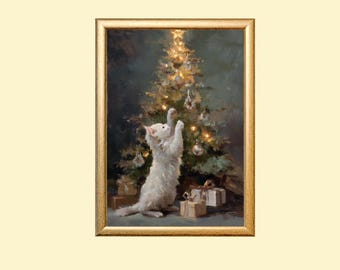 May include: A framed painting depicts a white cat reaching towards a decorated Christmas tree. The tree is adorned with ornaments and lights, with wrapped gifts at the base. The artwork has a warm, inviting feel, perfect for holiday decor.
