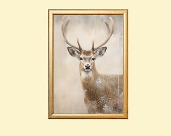 Deer In Winter Vintage Painting: Woodland Animal Portrait (Digital Download)