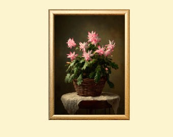 Pink Christmas Cactus In A Basket Painting: Festive Dark Botanical Art (Digital Download)