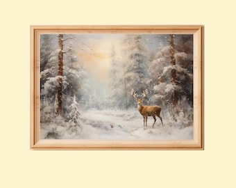 Deer in Winter Forest Print: Farmhouse Christmas Wall Art (Digital Download)