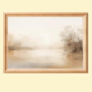 Beige Modern Abstract Muted Landscape Painting, Minimal Rustic Neutral Print, Misty River Scenery, Farmhouse Wall Decor, Instant Download