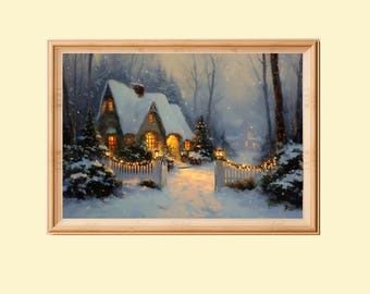Cuadro vintage de cabaña navideña: Impresión artística de una casa festiva (descarga digital)