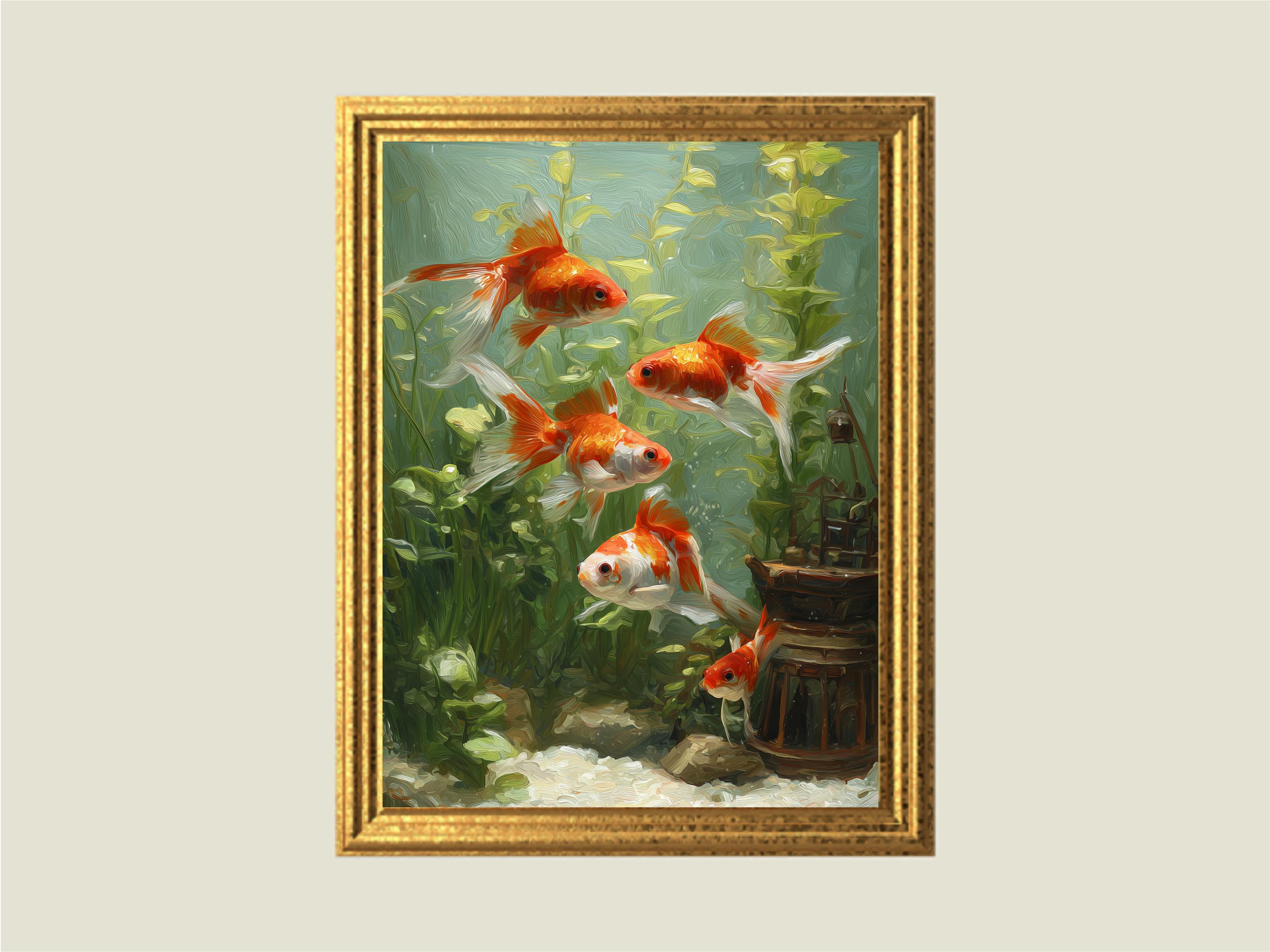 ビンテージ犬と金魚のアート Vintage Goldfish in Aquarium Painting: Calming Wall Decor (digital
