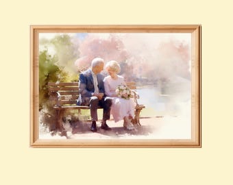 Elderly Couple in Love Watercolor Painting: Romantic Grandparents Art (Digital Download)