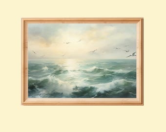 Pintura de gaviota vintage: Impresión artística de casa de playa costera (descarga digital)