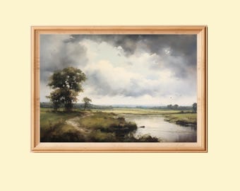 Vintage Country Landscape Painting: Rustic Farmhouse Wall Art (Instant Download)