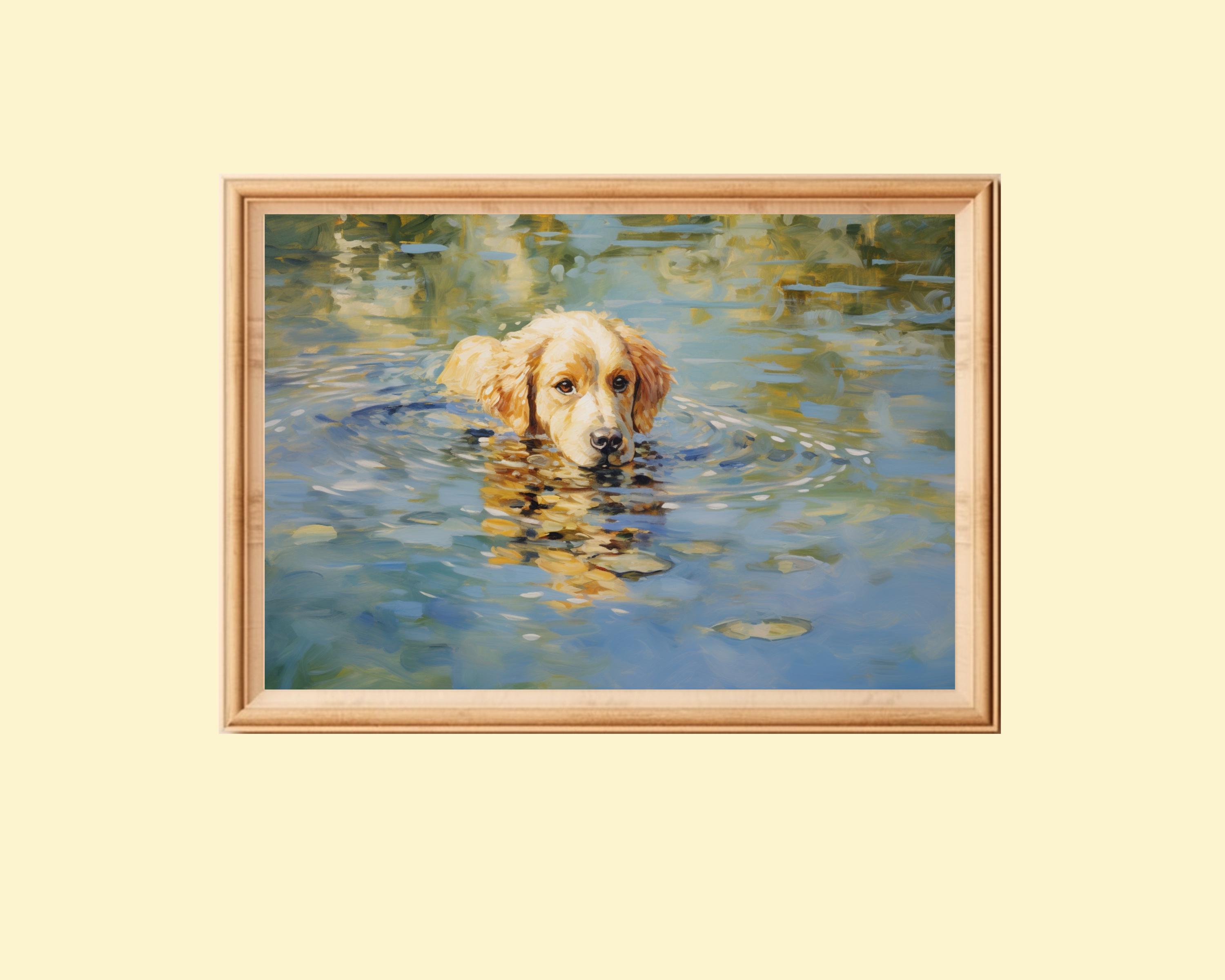 ゴールデンレトリバーの水泳絵画：犬好きへのギフト、農家風インテリア
