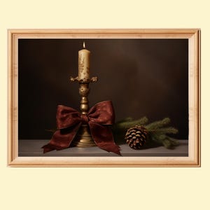 Winter Still Life Painting Printable Art, Vintage Christmas Still Life with Candle, Rustic Christmas Home Decor, Moody Seasonal Wall Art