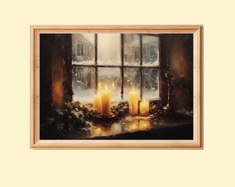 May include: A framed painting depicts a cozy winter scene. Lit candles on a windowsill illuminate a snowy exterior through a window. The warm glow contrasts with the cold, frosted panes and snow-covered buildings outside.