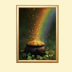 Pode incluir: Uma obra de arte emoldurada que retrata um pote de ouro no final de um arco-íris. O pote está transbordando de moedas de ouro, e o arco-íris se estende sobre um fundo verde escuro. A obra de arte está emoldurada em uma moldura dourada.