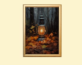 素朴なヴィンテージオイルランタン絵画 - 光るランタンの壁アート