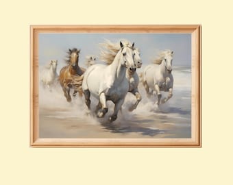 Pferd Print, Cottagecore Art Print, Strandpferde Gemälde (Instant Download)