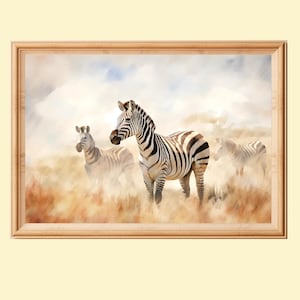 Zebras In The Savannah Wall Art Print, African Landscape Zebra Painting, Wildlife Neutral Home Decor, Safari Animals Art Instant Download