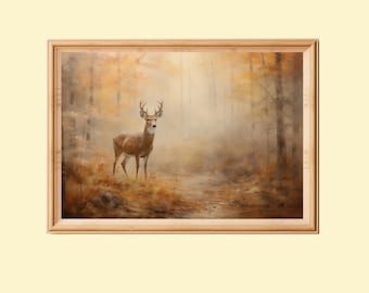 Impressionist Printable Deer Painting, Rustic Woodland Animal Art Print, Autumn Forest Landscape Instant Download