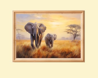 African Elephants Savannah Art Print: Wildlife Landscape (Digital Download)