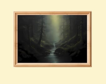 May include: A framed landscape painting depicts a dark, misty forest scene. A stream flows through the center, surrounded by trees and mossy banks. The artwork is framed in a light-colored wooden frame, creating a serene and natural aesthetic.