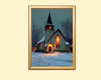 May include: A framed painting of a snow-covered church at dusk. The church has a tall steeple with a cross, and warm light glows from the windows and doorway. The artwork is set in a gold-colored frame.