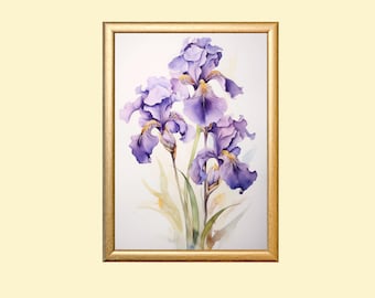 Blue Iris Flowers Printable Watercolor Painting, February Birth Flower Wall Artwork, Instant Download