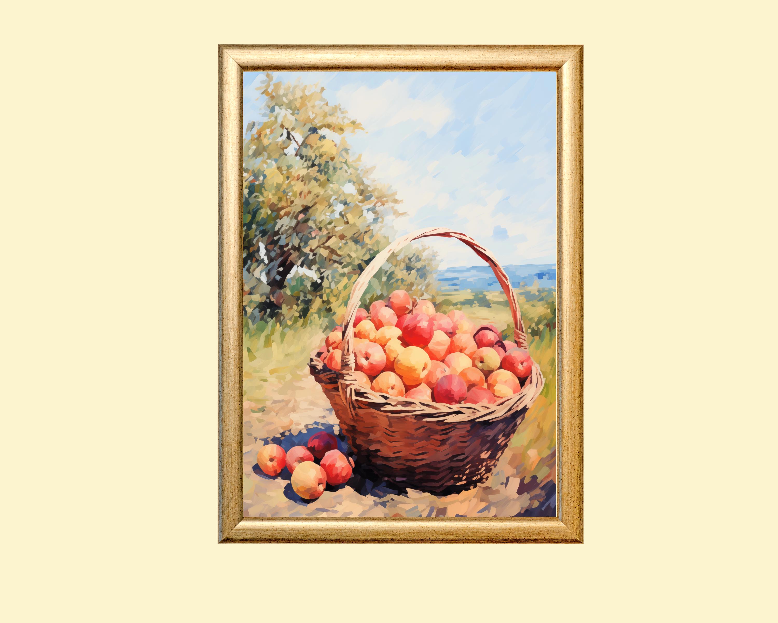 リンゴかごの印刷可能な絵画：印象派の秋の収穫のアートワーク