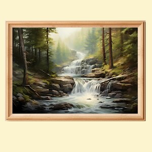 森の川の小さな滝の油絵。インスタントデジタルダウンロードの壁アート